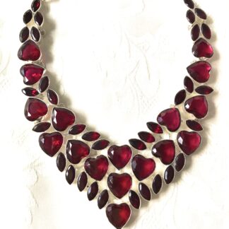 Rubelite & Garnet Hearts Bib Necklace Sterling Silver