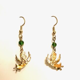 Goldtone Angel Dangle Earrings with Green Bead